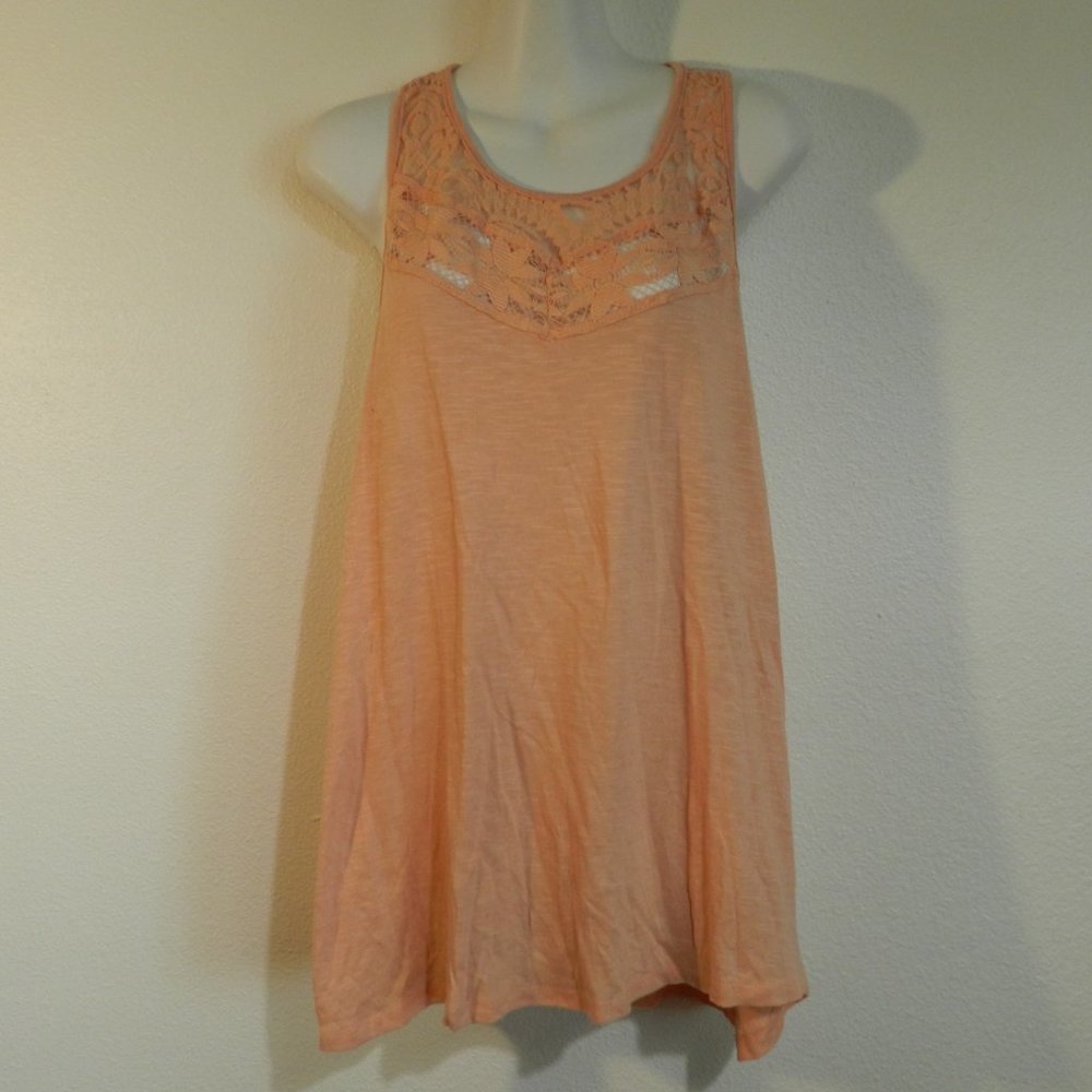 Lace inset trapeze style sleeveless tank top, 100% cotton fabric, peach color